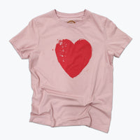Soft Pink t-shirt with a large screen printed red heart.