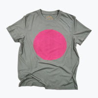 Green t-shirt with a pink circle design on a white background