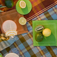 Colorful table setting with fruit and decorative items on a plaid tablecloth