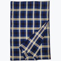 Plaid tablecloth in dark blue, black and sage green.