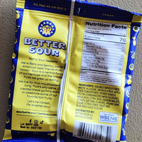 The back of a Better Sour snack bag, showing the nutrition facts panel, ingredients list, and branding on a beige background.