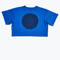 Boxy cropped t-shirt dyed bright blue with a large navy blue circle screen printed.