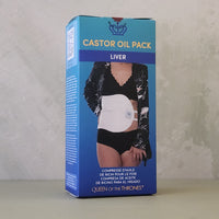 Box labeled 'Castor Oil Pack Liver' with a graphic of a person wearing an oil pack on a textured surface.