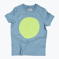 Slate blue t-shirt with large bright neon green-yellow circle printed on the front.
