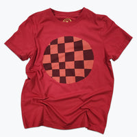 Red t-shirt with a brown checkered circle design on a white background