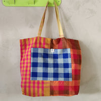 Mixed plaid tote bag.