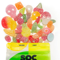 Assorted colorful Swedish candy with a 'SOC' packaging on a white background