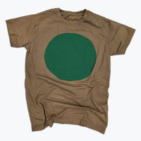 Army green t-shirt with a large dark kelly green circle printed on the front.