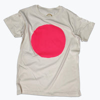 Beige t-shirt with a pink circle on a white background