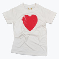 A white organic cotton t-shirt with a block print red heart design on the front.