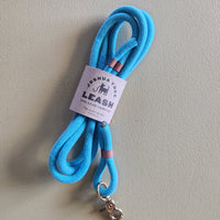 Blue leash with a label on a gray background