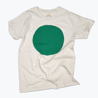 White t-shirt with a large green circle on a white background