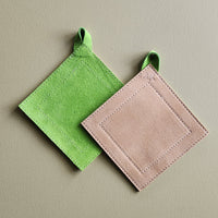 Bright green and tan suede leather square potholder.