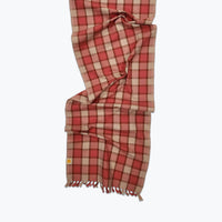 Red and beige checkered scarf on a white background
