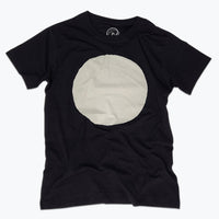 Black t-shirt with a beige circle design on a white background