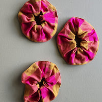 Pink and ochre yellow gingham cotton scrunchie