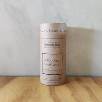 A tubular cardboard box containing 14 super organic tampons.