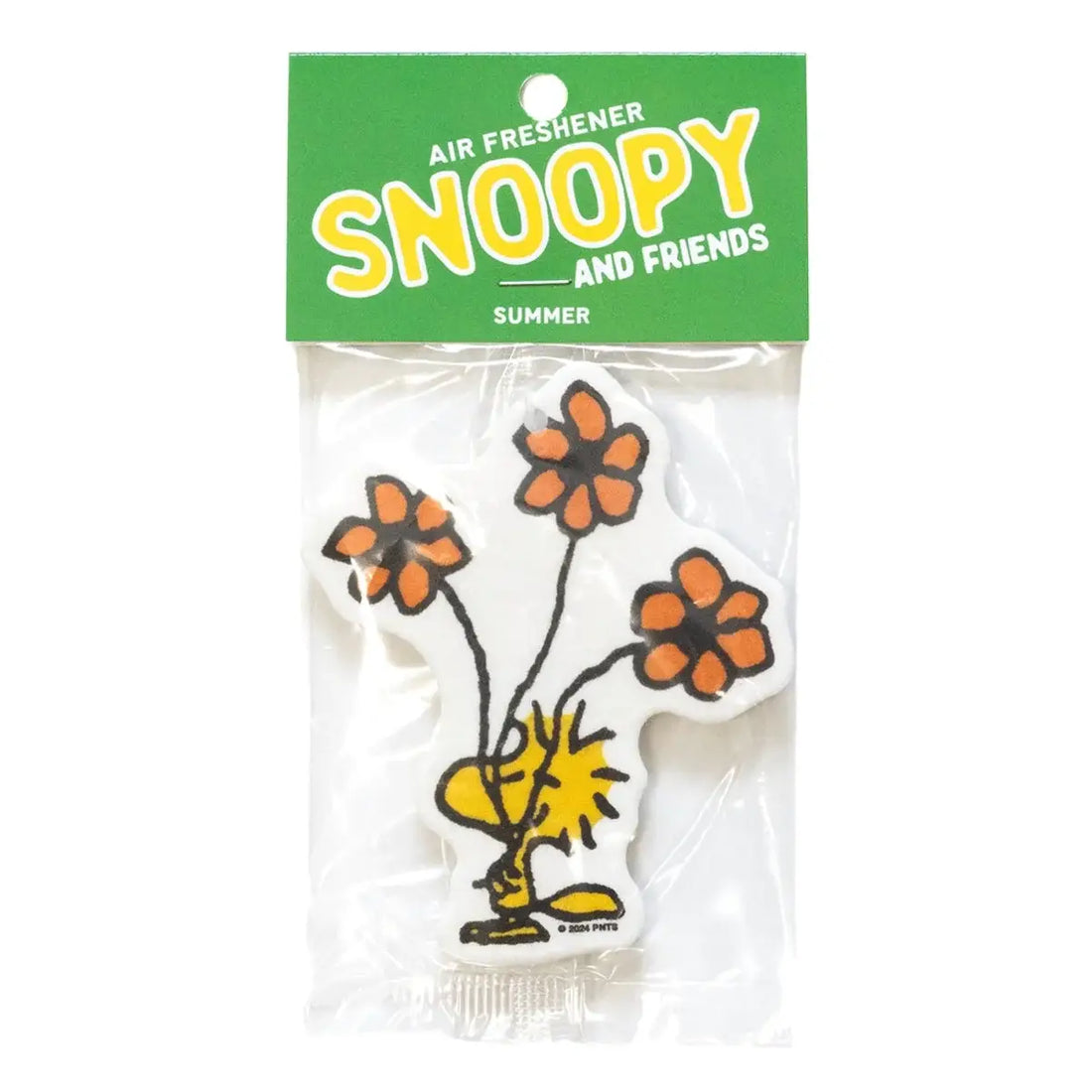 Snoopy-themed air freshener with flowers in packaging on a white background