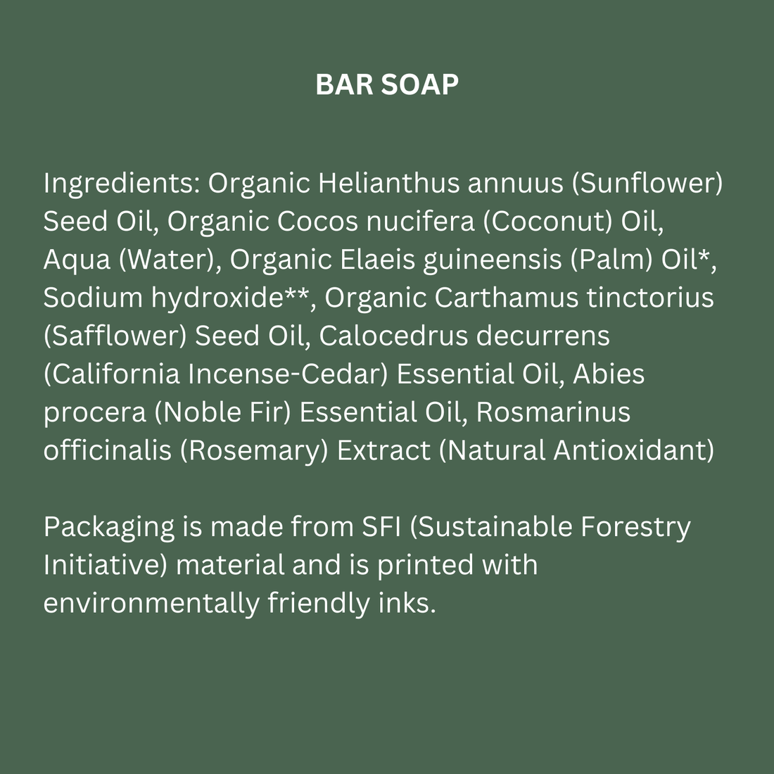 List of ingredients for a bar soap on a green background