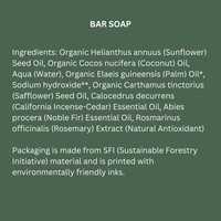 List of ingredients for a bar soap on a green background