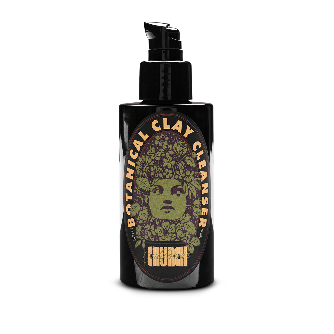 Bottle of Botanical Clay Cleanser with a green label featuring a face design on a white background.