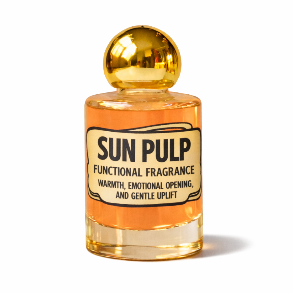 A bottle of Sun Pulp Functional Fragrance with amber-colored liquid, a cream label with black text, and a shiny gold spherical cap, set against a plain white background.