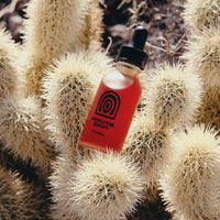 Bottle of red liquid with dropper on a cactus plant