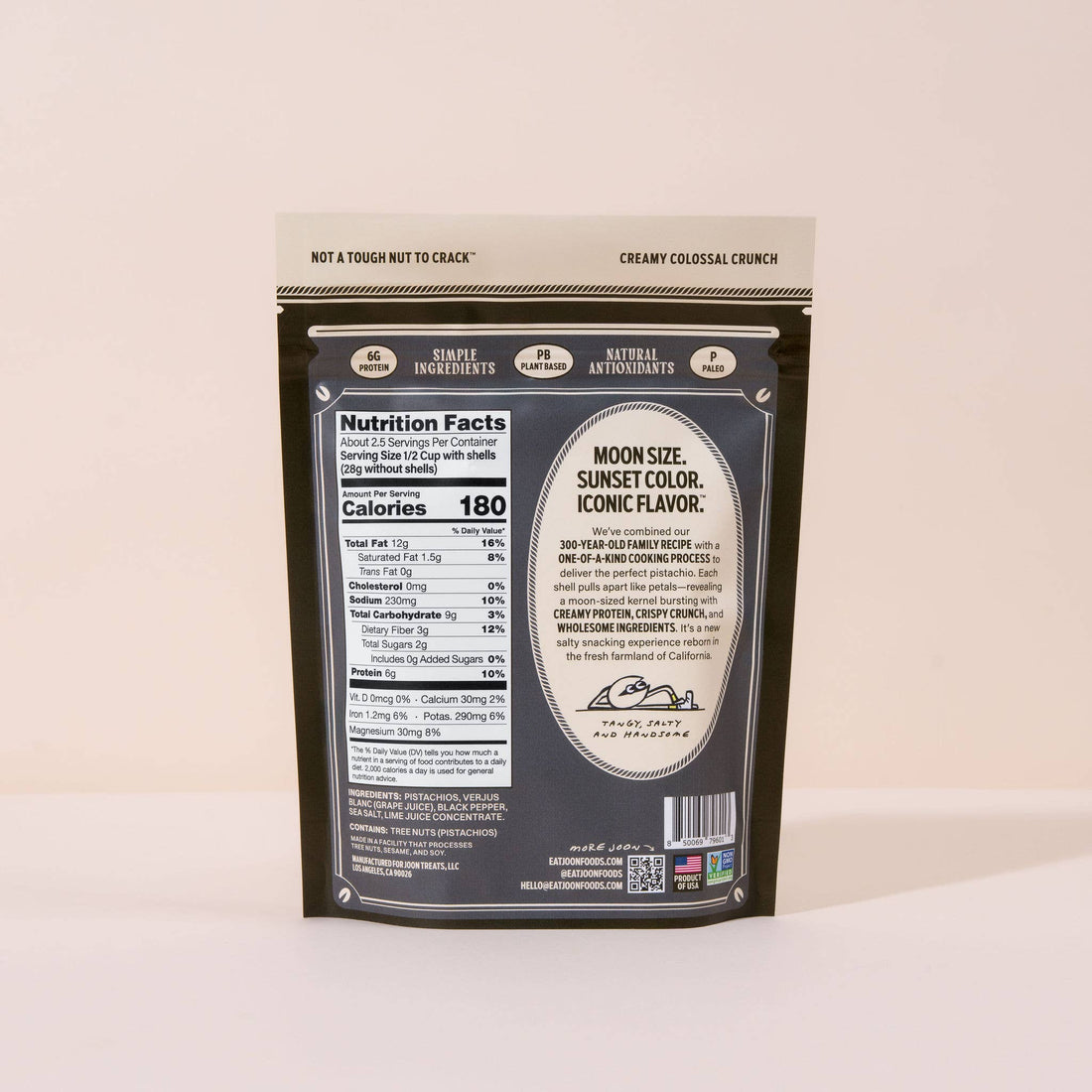 Snack package with a nutrition facts label on a light background