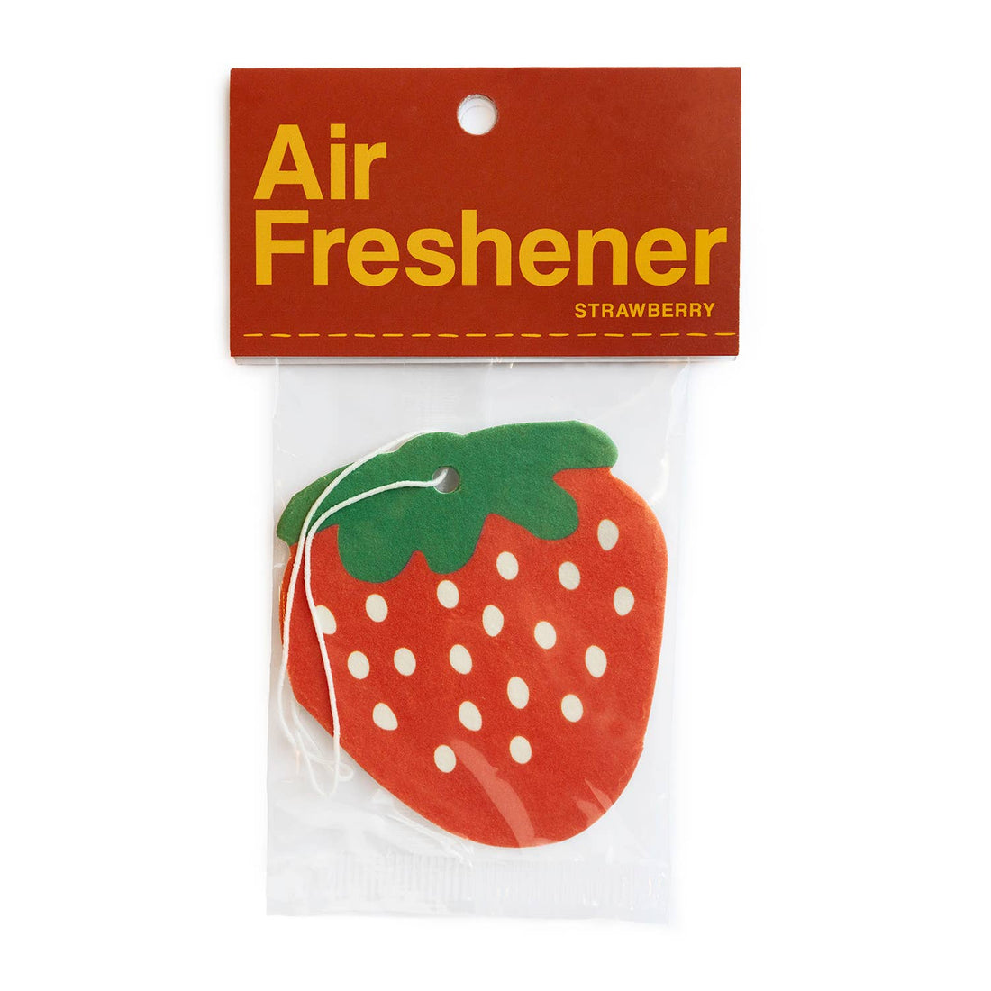Strawberry-shaped air freshener with a red label on a white background