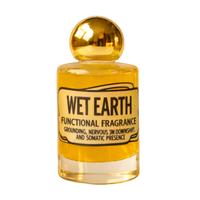 Yellow bottle of 'Wet Earth' functional fragrance with a gold cap on a white background