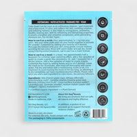 Back of a product packaging with text and icons on a blue background