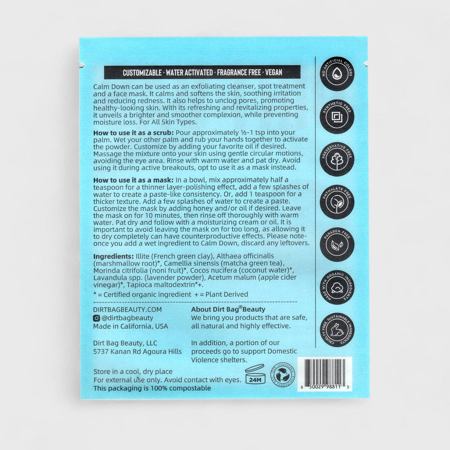 Back of a product packaging with text and icons on a blue background