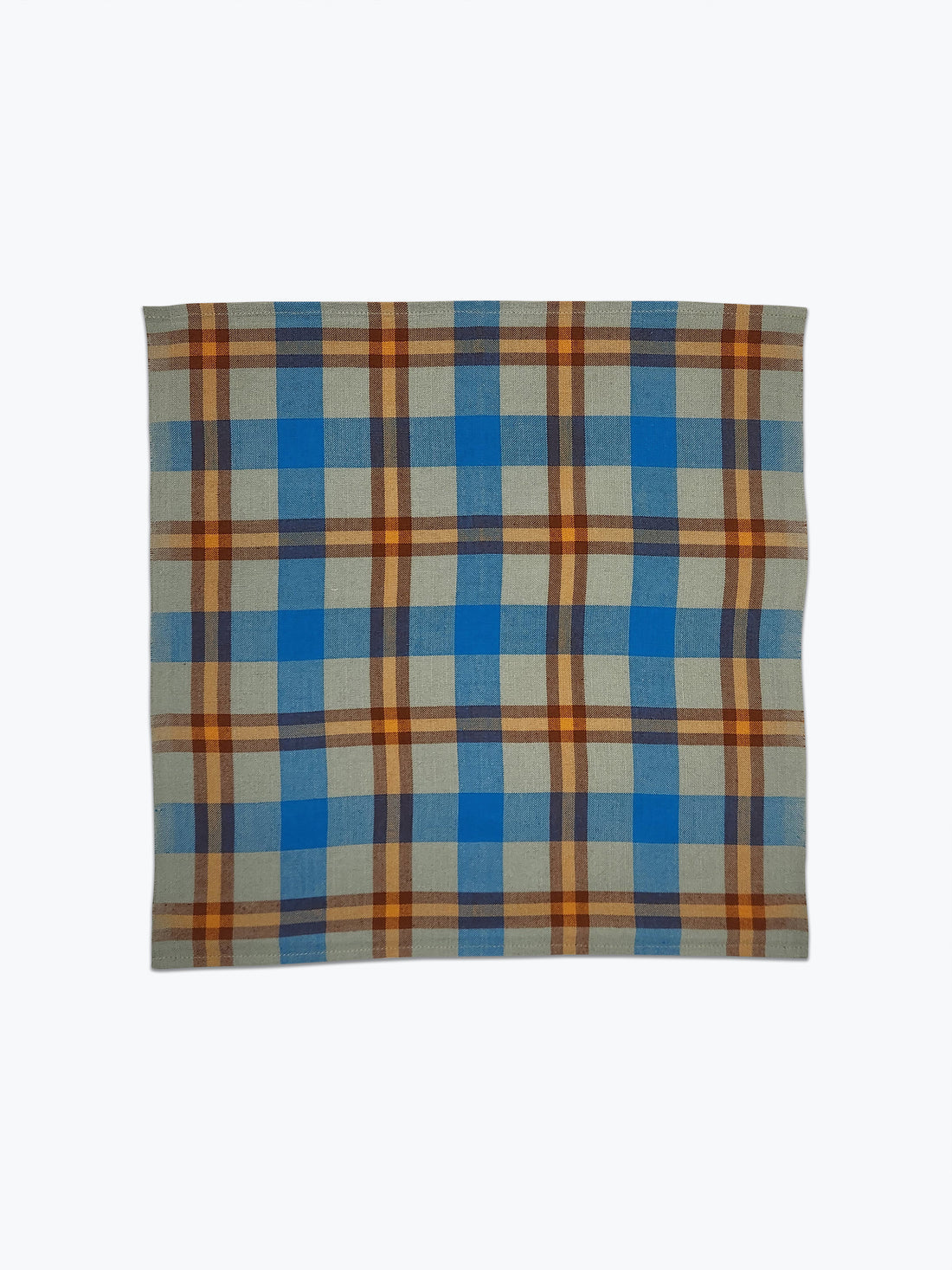 Plaid fabric with blue and orange pattern on a white background