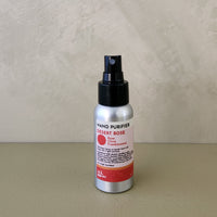 A silver spray bottle of Hand Purifier Desert Rose hand cleanser with a black pump, standing on a neutral beige surface against a textured beige wall.