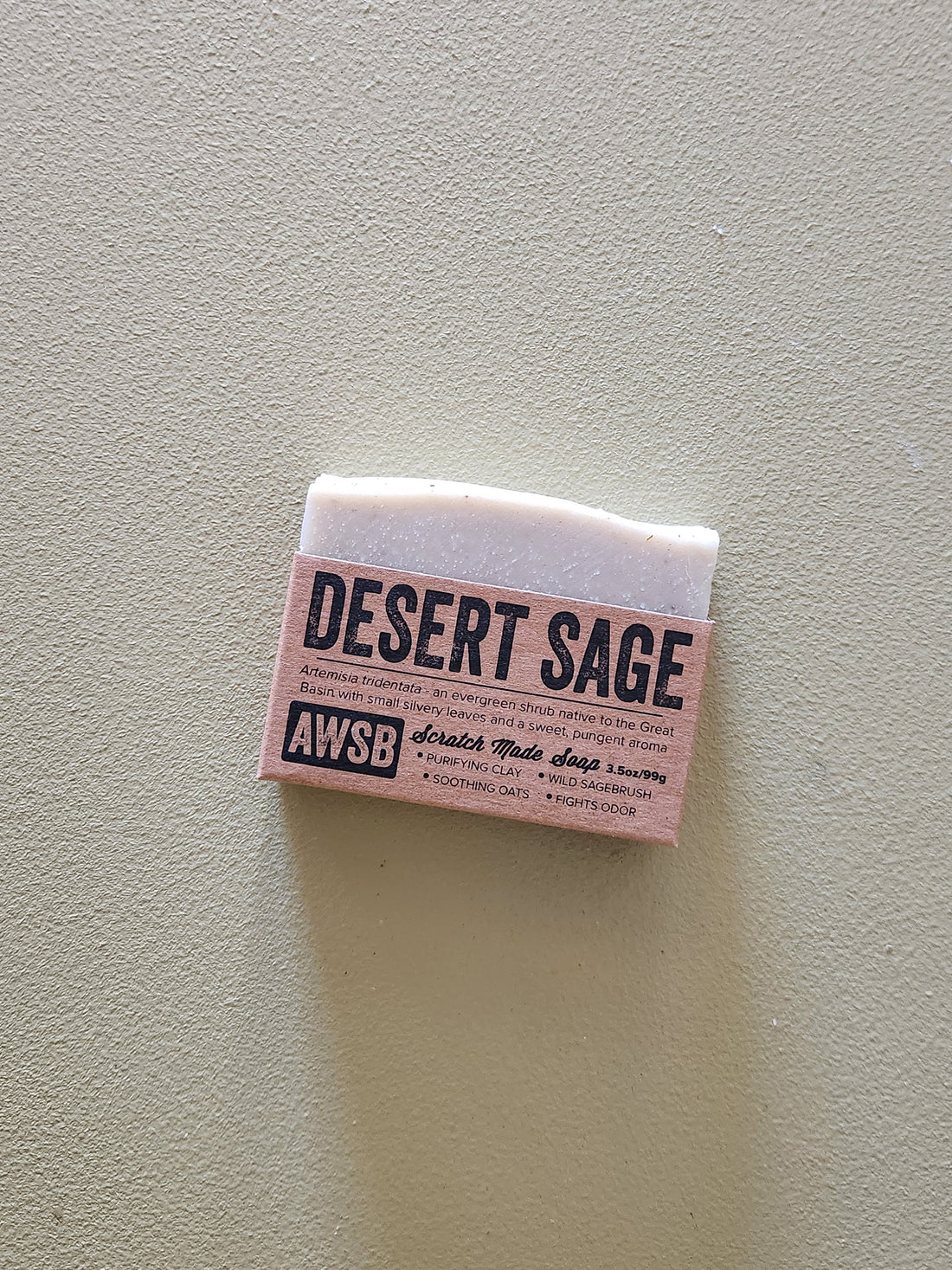 Desert Sage soap bar with a label on a light gray background