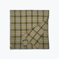 Plaid tablecloth in shades of greens and butter yellow.