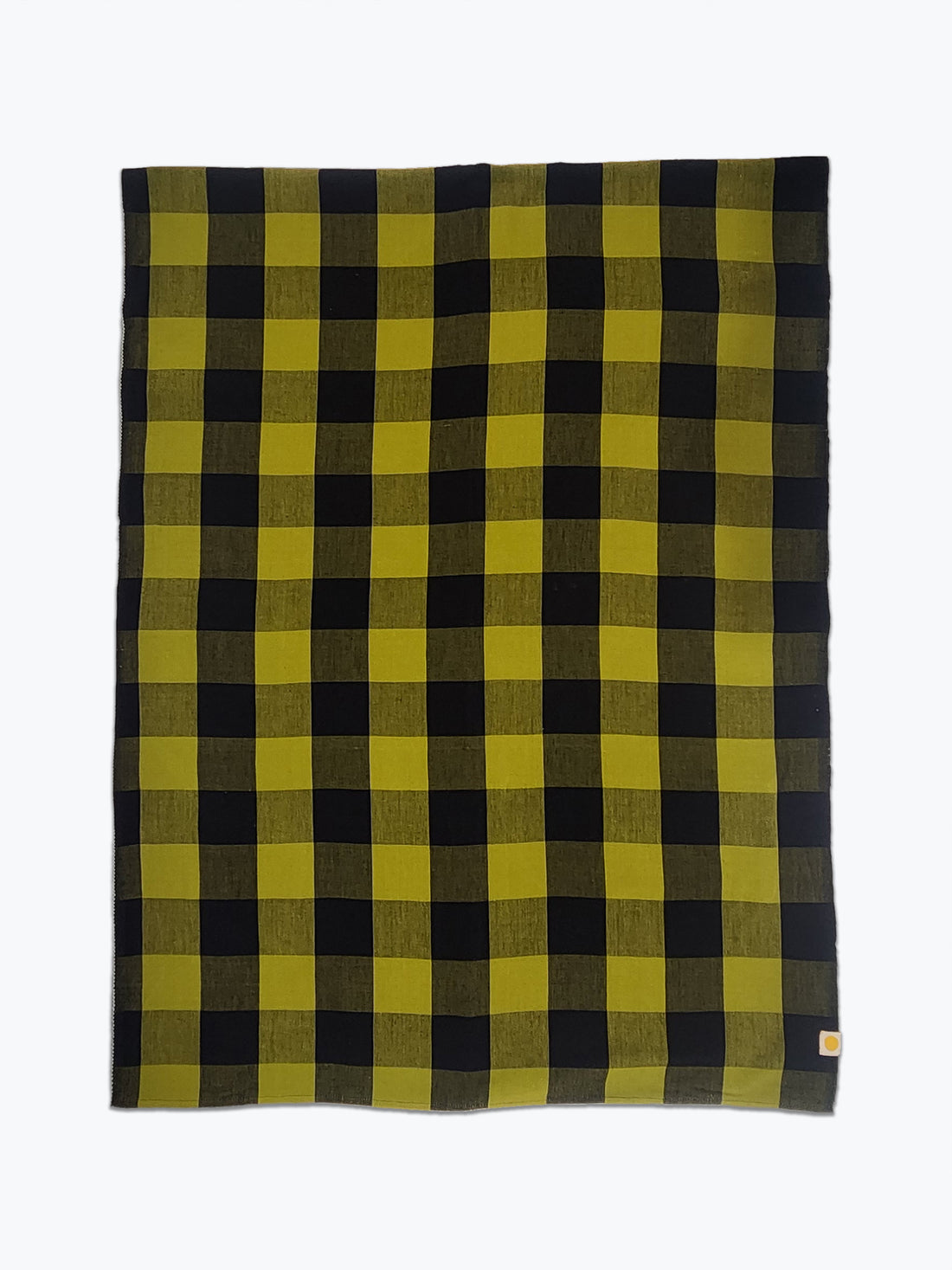 A rectangular woven blanket with a bold buffalo check plaid pattern in olive green and black, shown flat against a light gray background.