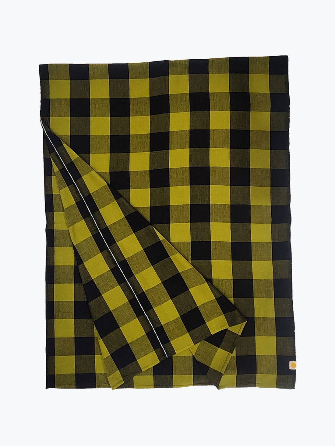 A folded plaid blanket or throw in a yellow and black buffalo check pattern, displayed on a clean white background.