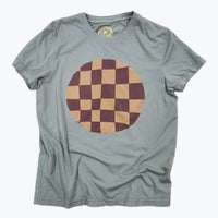 Gray t-shirt with a round checkered design in dark red and mustard on a white background