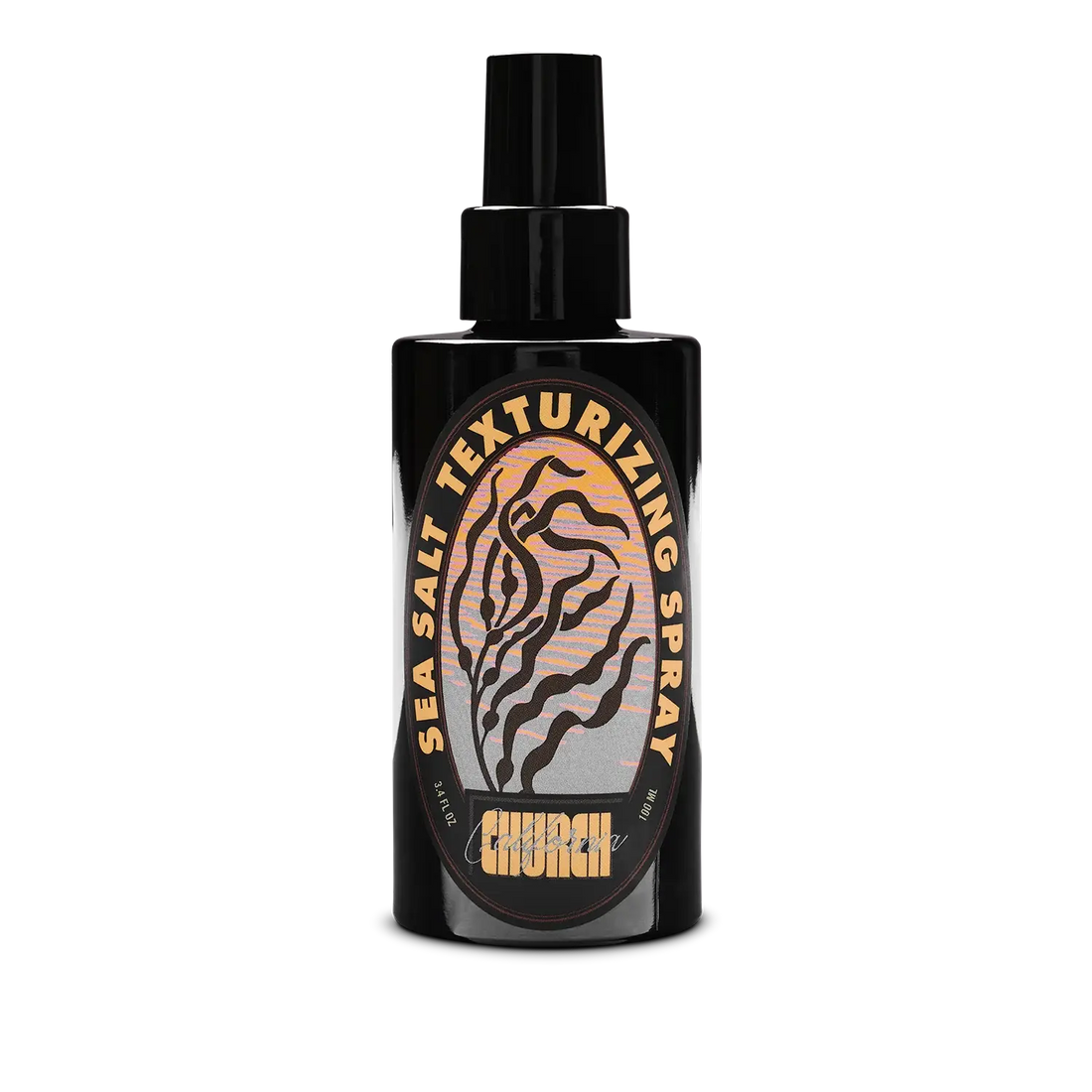 A black spray bottle of Church Sea Salt Texturizing Spray with a black nozzle, featuring a circular label with a tiger-stripe design and gold lettering on a white background.