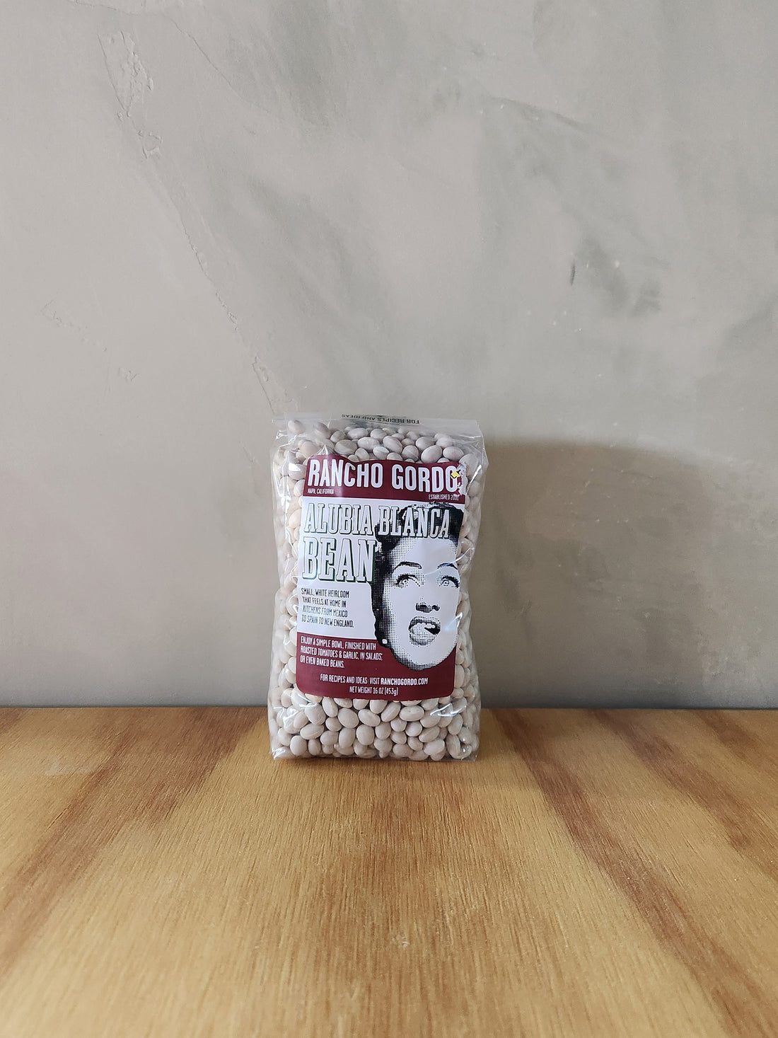 1 pound bag of white Alubia Blanca Beans from Rancho Gordo.