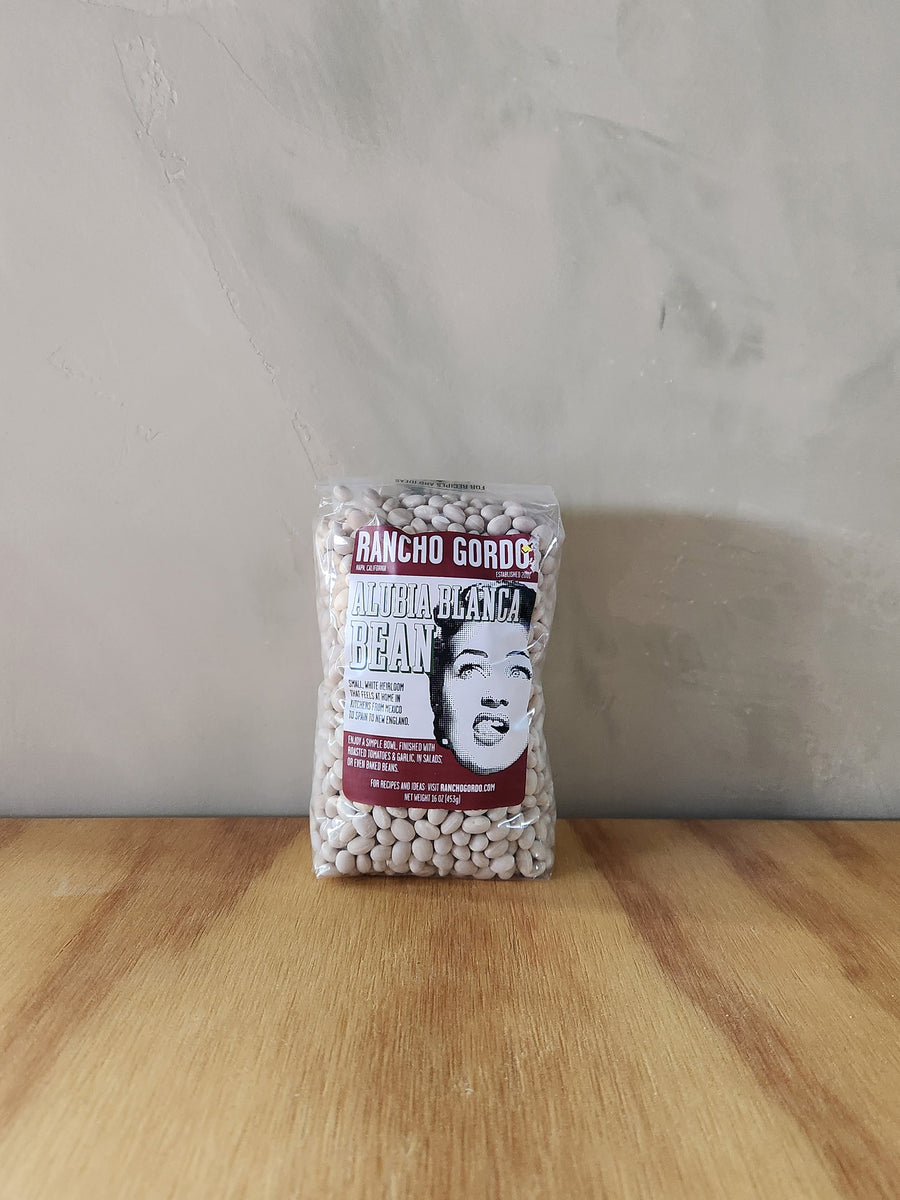 1 pound bag of white Alubia Blanca Beans from Rancho Gordo.