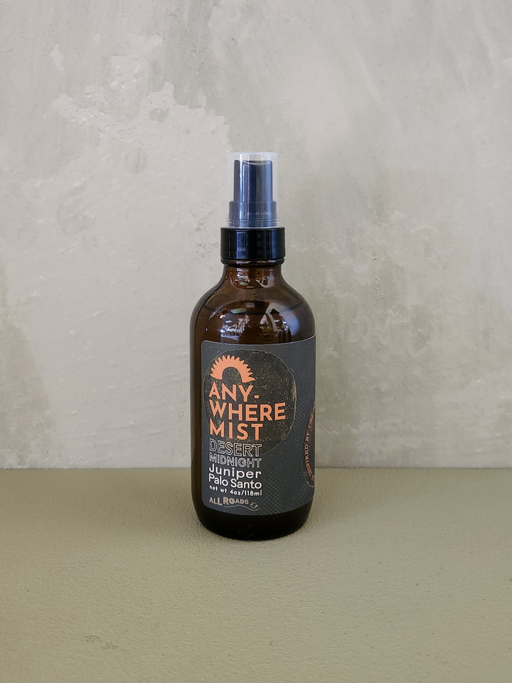 4oz bottles of distilled water blended with essential oils. The scent is juniper and palo santo.
