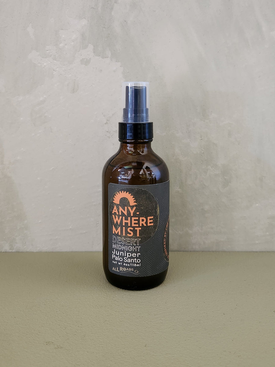 4oz bottles of distilled water blended with essential oils. The scent is juniper and palo santo.