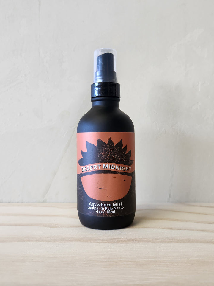 4oz bottles of distilled water blended with essential oils. The scent is juniper and palo santo.