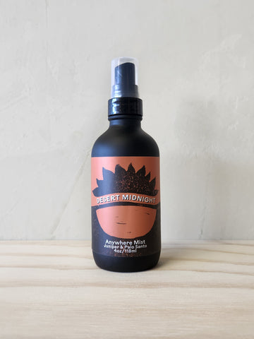 4oz bottles of distilled water blended with essential oils. The scent is juniper and palo santo.