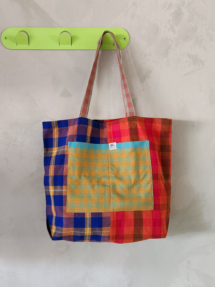 Mixed plaid fabric tote bag. 