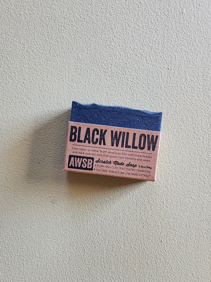 Small rectangular bar of soap with 'Black Willow' branding on a light gray background