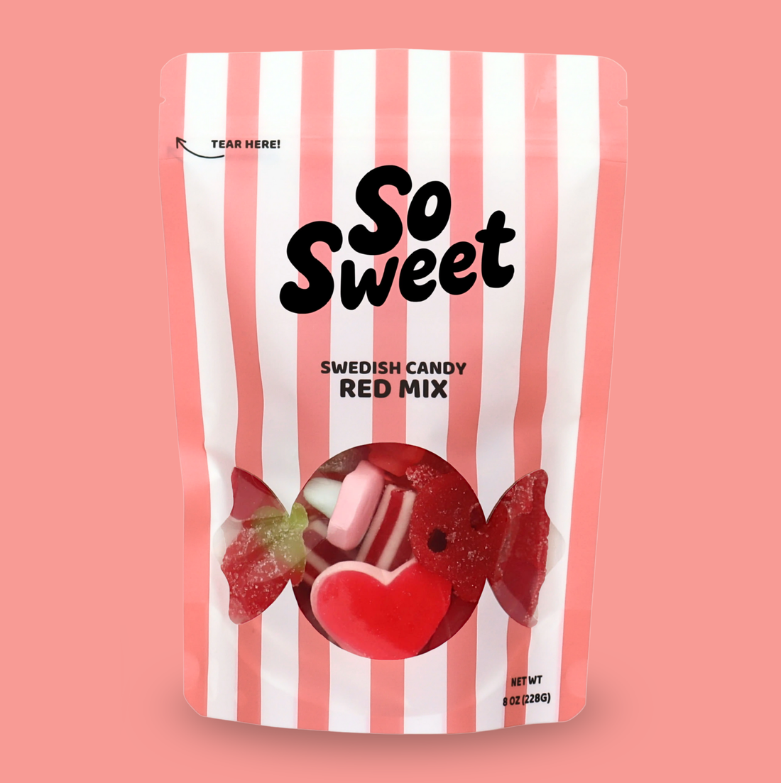 Packaging of Swedish candy red mix with a striped design on a pink background