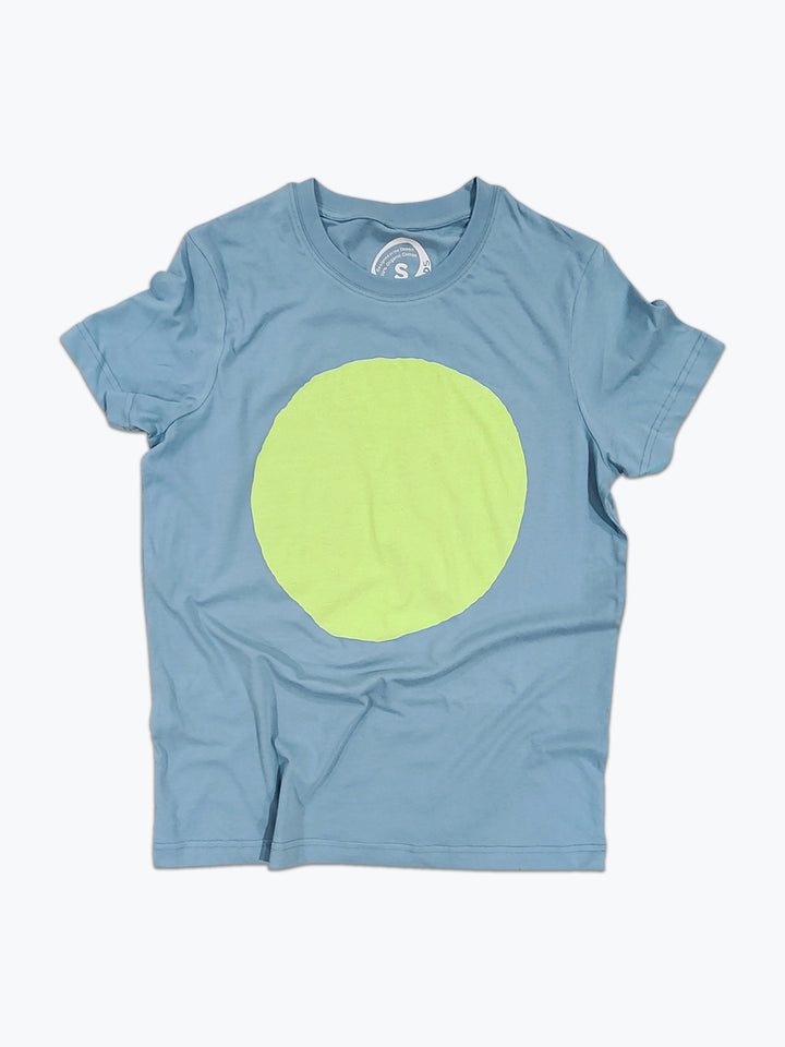 Slate blue t-shirt with large bright neon green-yellow circle printed on the front.